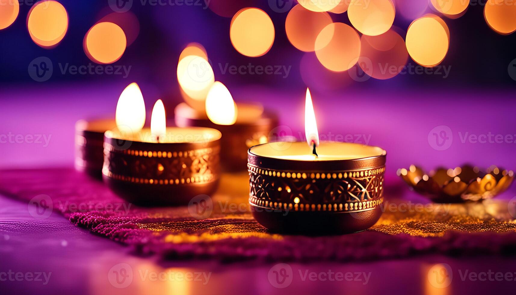 Candles on Purple Tablecloth photo