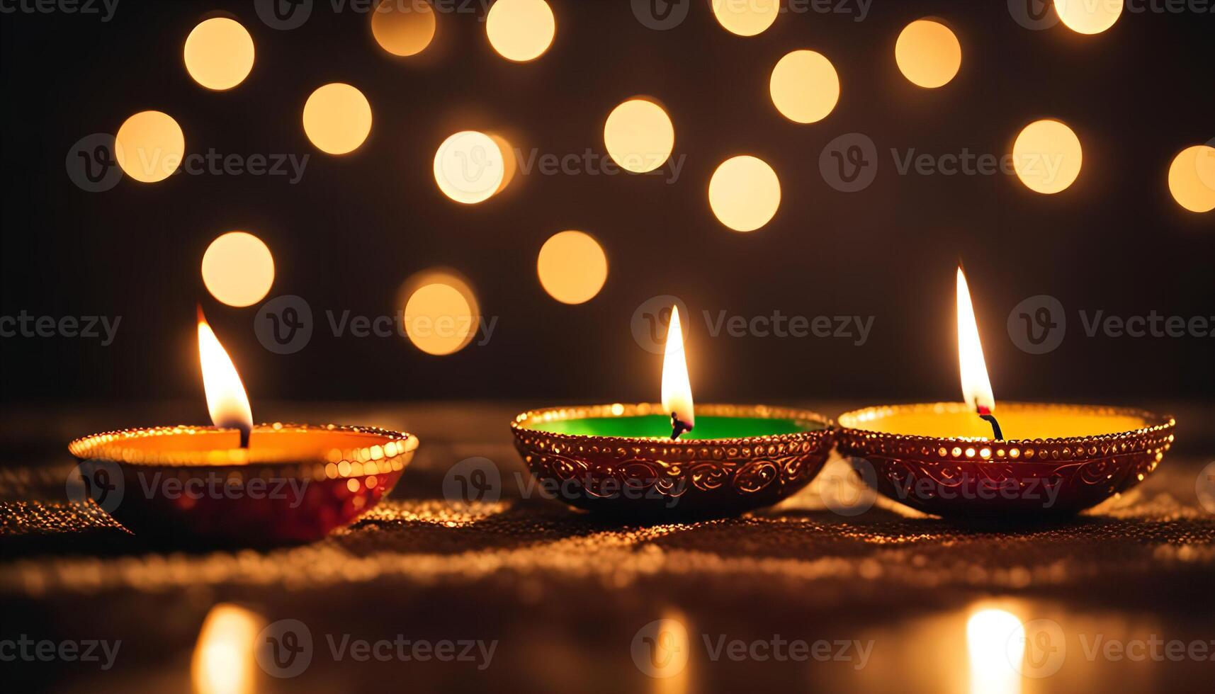 Three Diwali Candles with Bokeh Lights photo