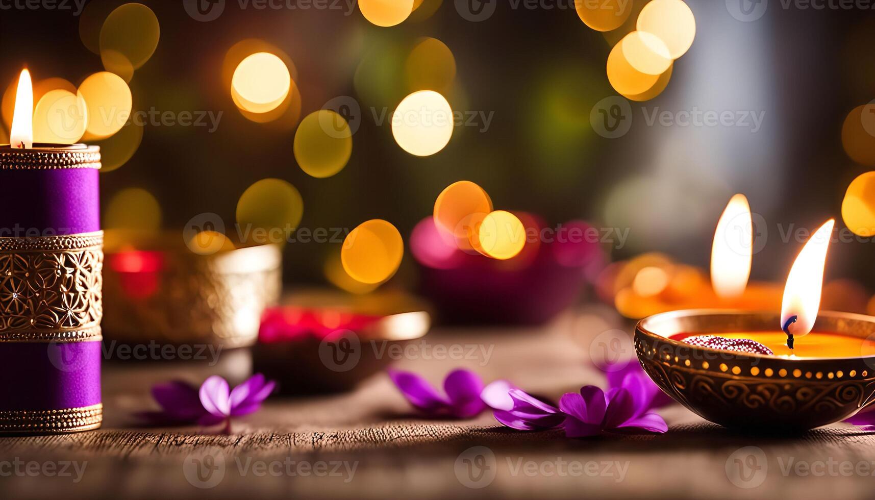 Illuminated Celebration Festive Diya Candles with Warm Glow and Bokeh Lights photo