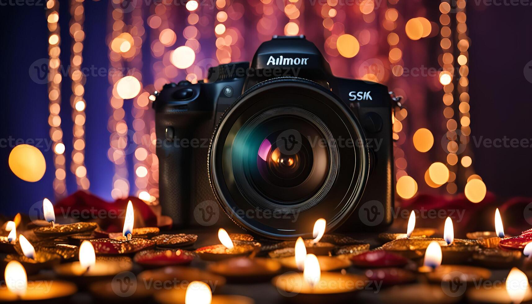 Camera with Candles and Bokeh Lights photo