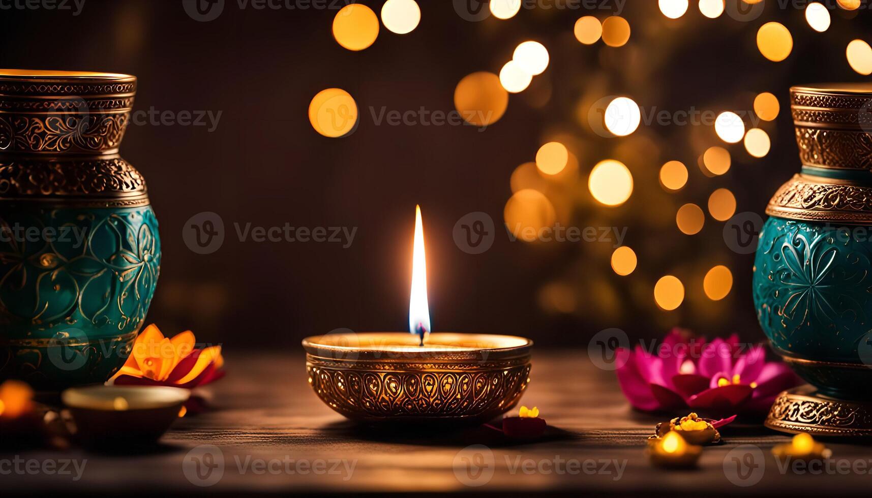 Diwali Festival Decoration with Candle and Vases photo