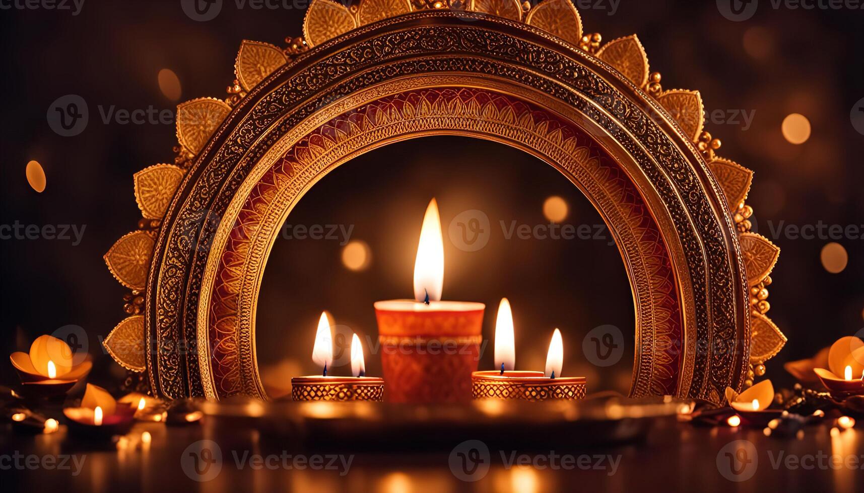 Illuminated Diya with Golden Frame During Diwali photo