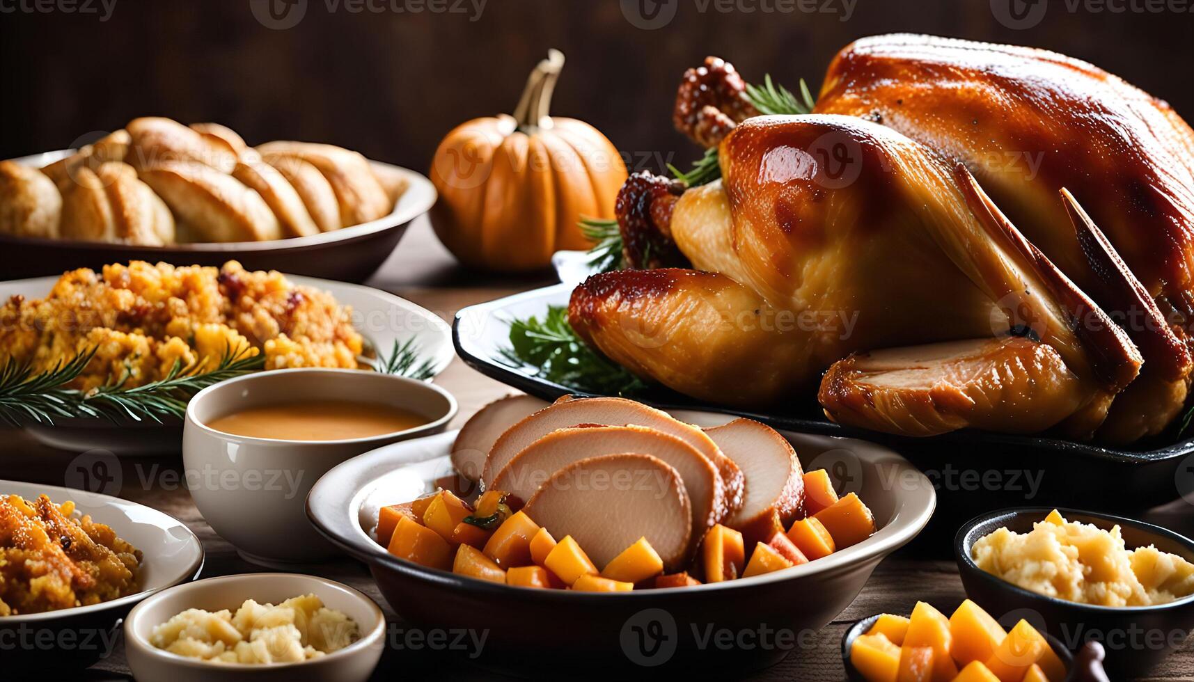 Thanksgiving Feast Roasted Turkey, Stuffing, and Sides photo