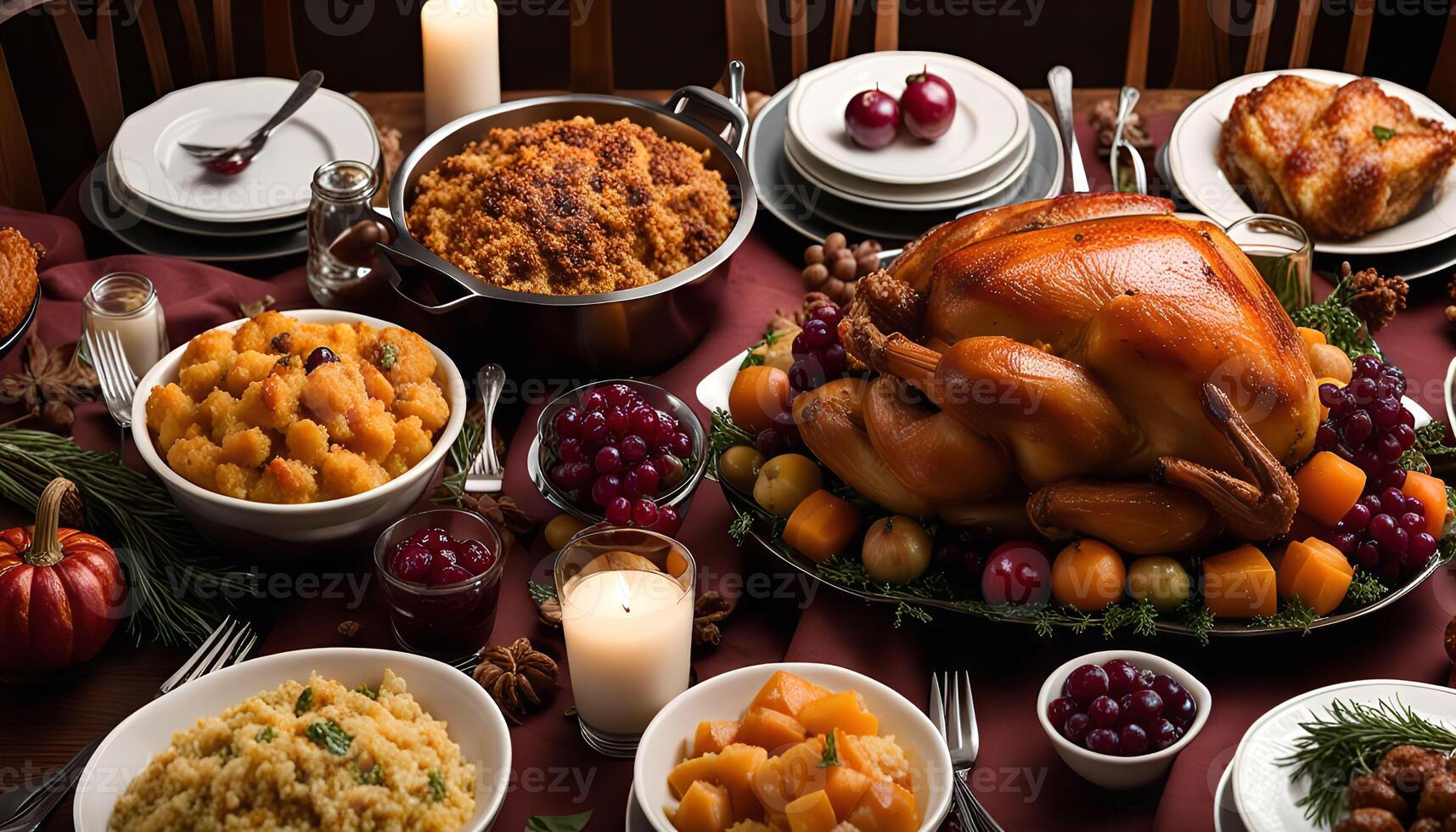 Thanksgiving Feast A Table Spread With Turkey, Sides Desserts photo