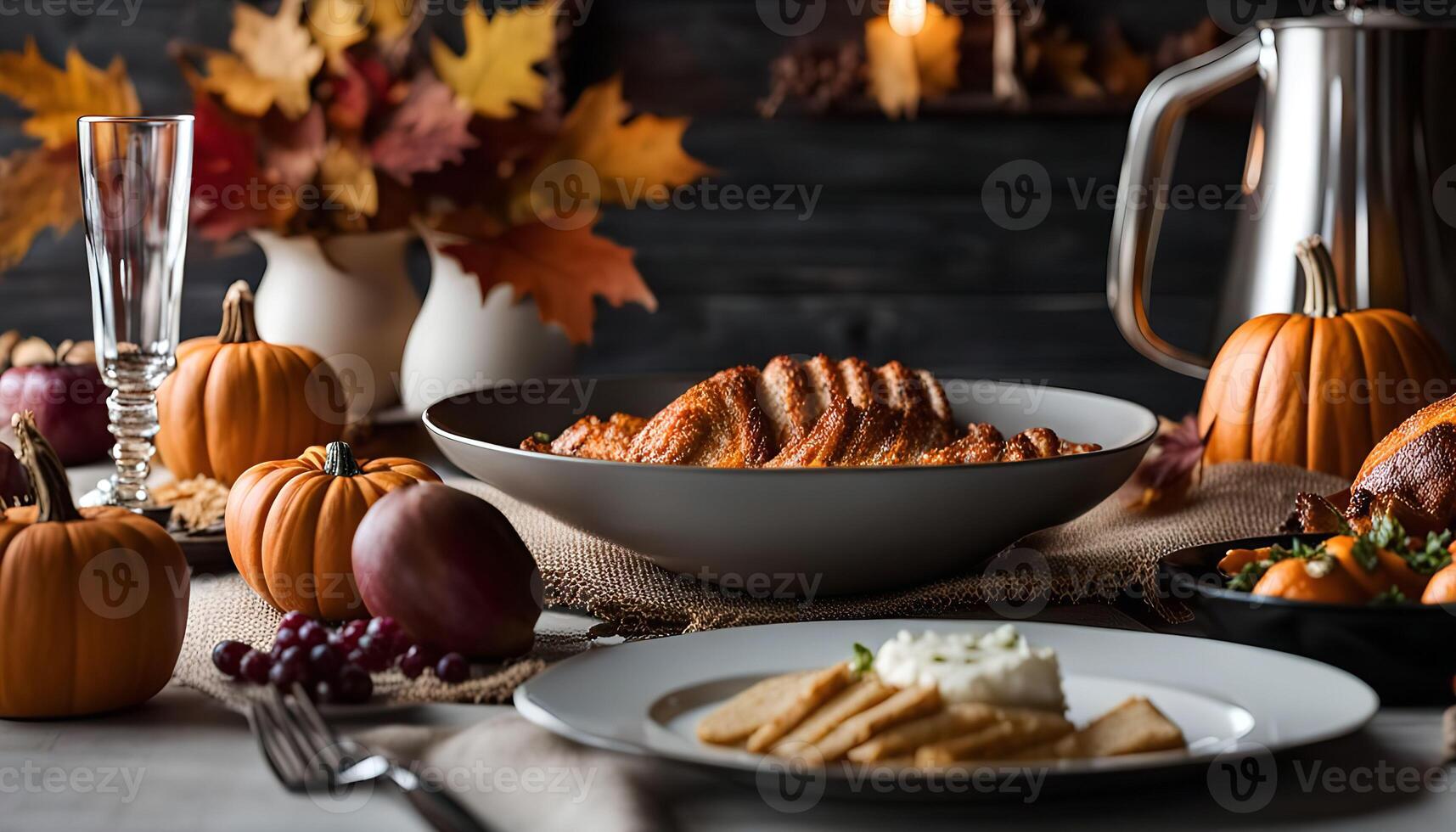 Thanksgiving Dinner Table Setting with Autumn Leaves and Pumpkins photo