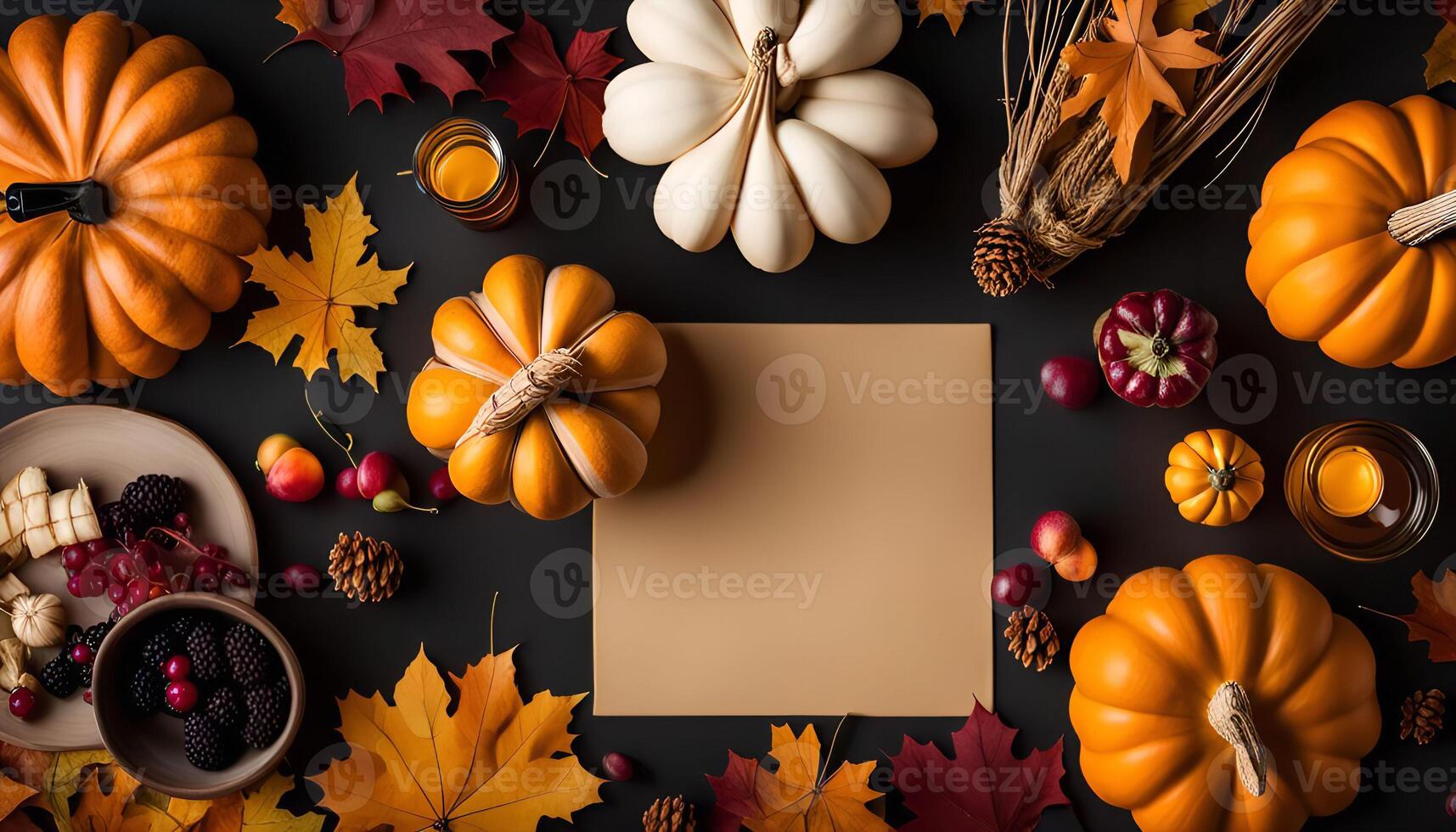 Autumnal Flat Lay with Pumpkins, Leaves, and Blank Card photo