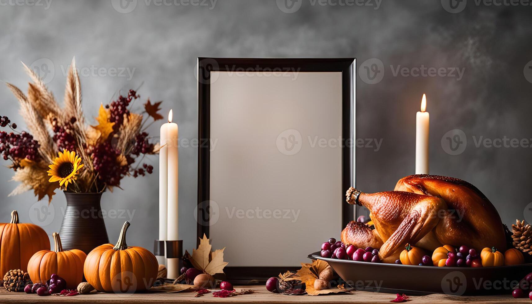 Thanksgiving Feast Roasted Turkey, Pumpkins, and Candles photo