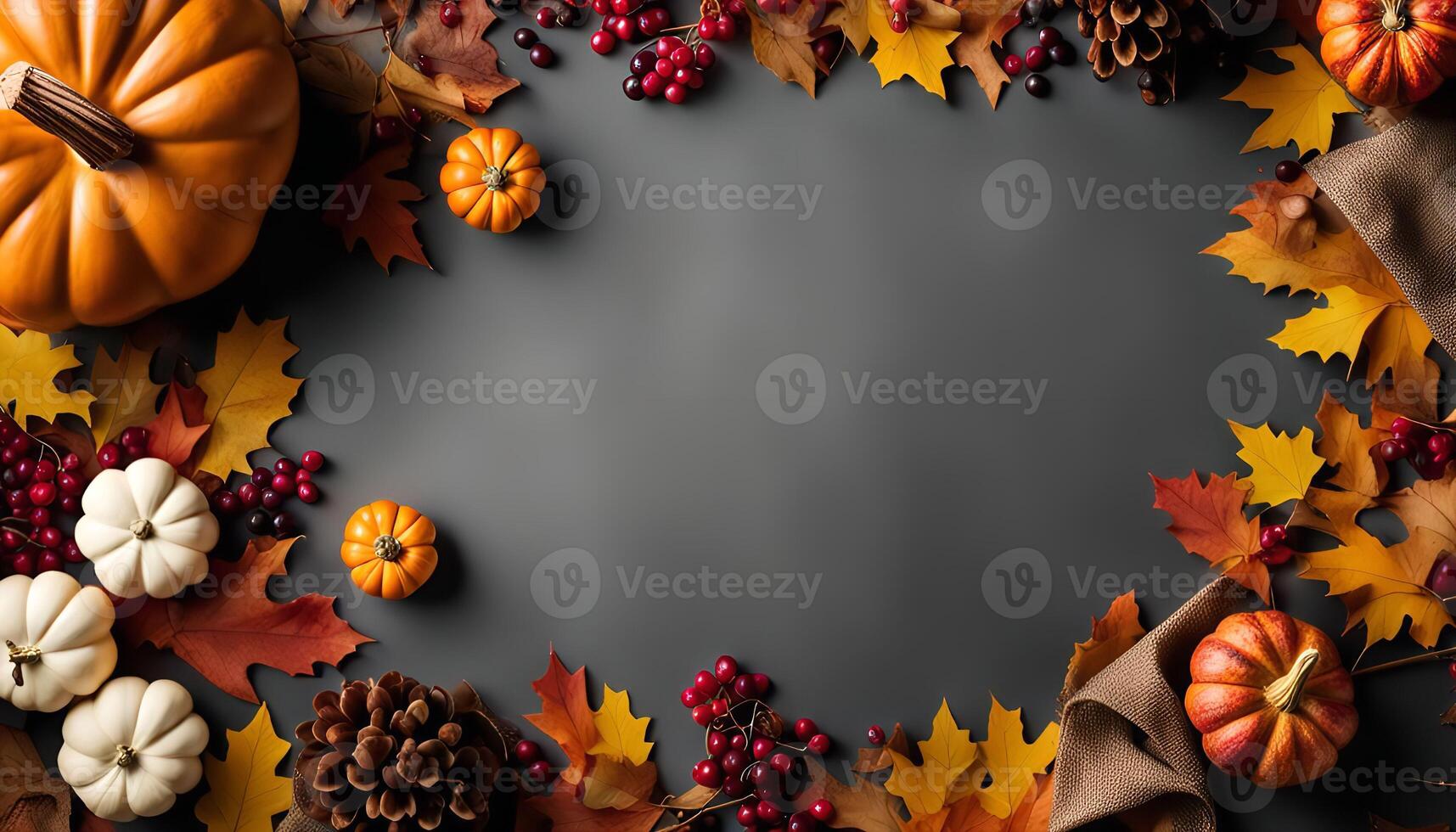 Autumnal Flat Lay with Pumpkins, Leaves, and Berries photo