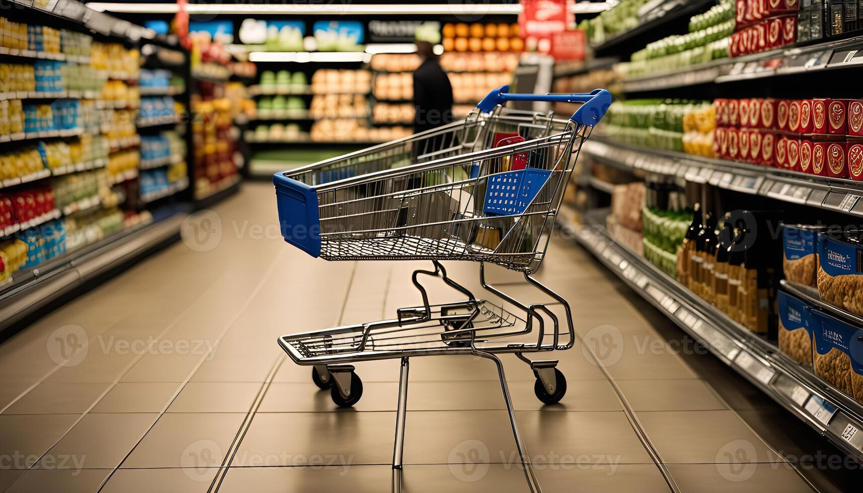 Empty Shopping Cart in a Supermarket Aisle photo