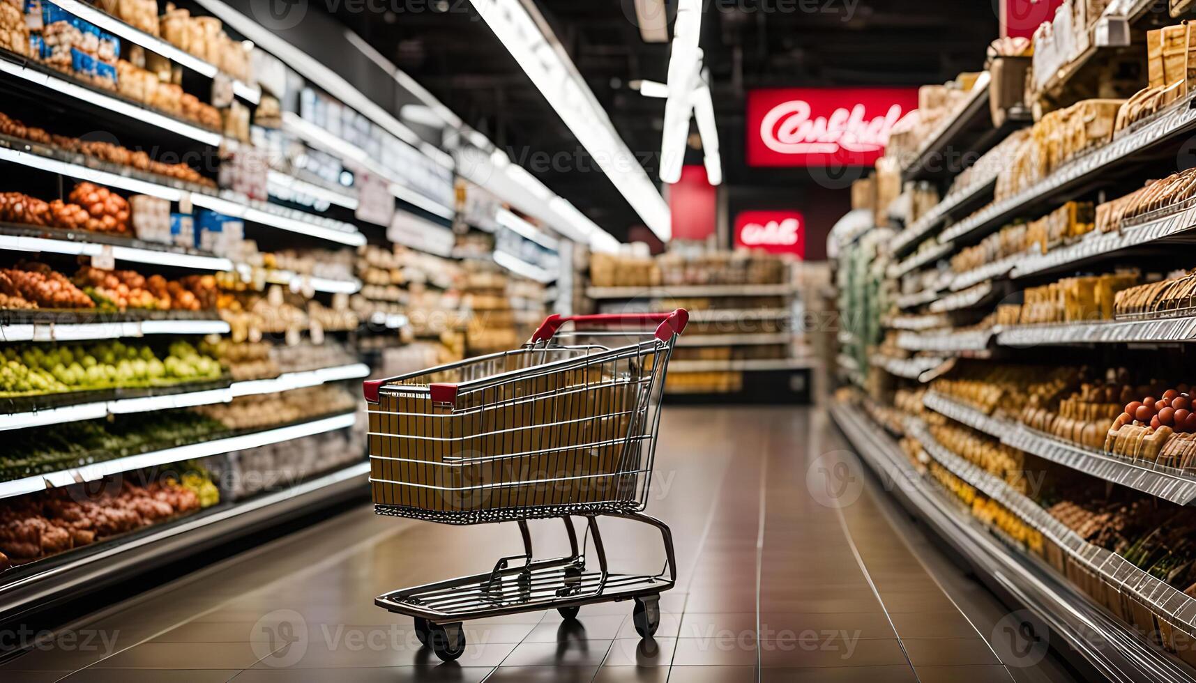 Empty Shopping Cart in Grocery Store Aisle photo