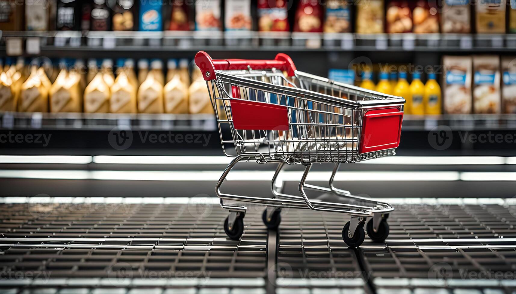 Shopping Cart in Supermarket Aisle photo