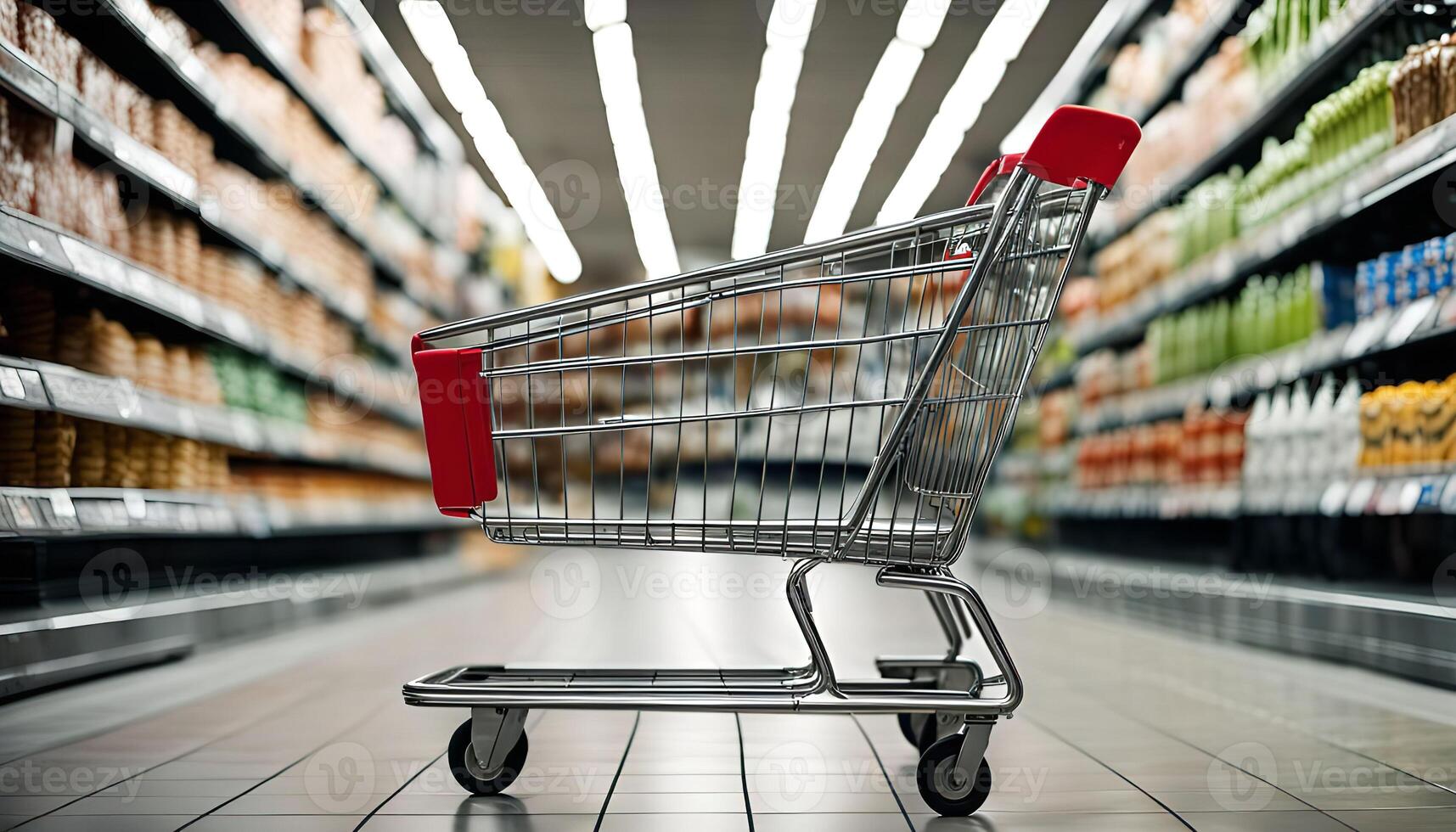 Shopping Cart in an Aisle of a Supermarket photo