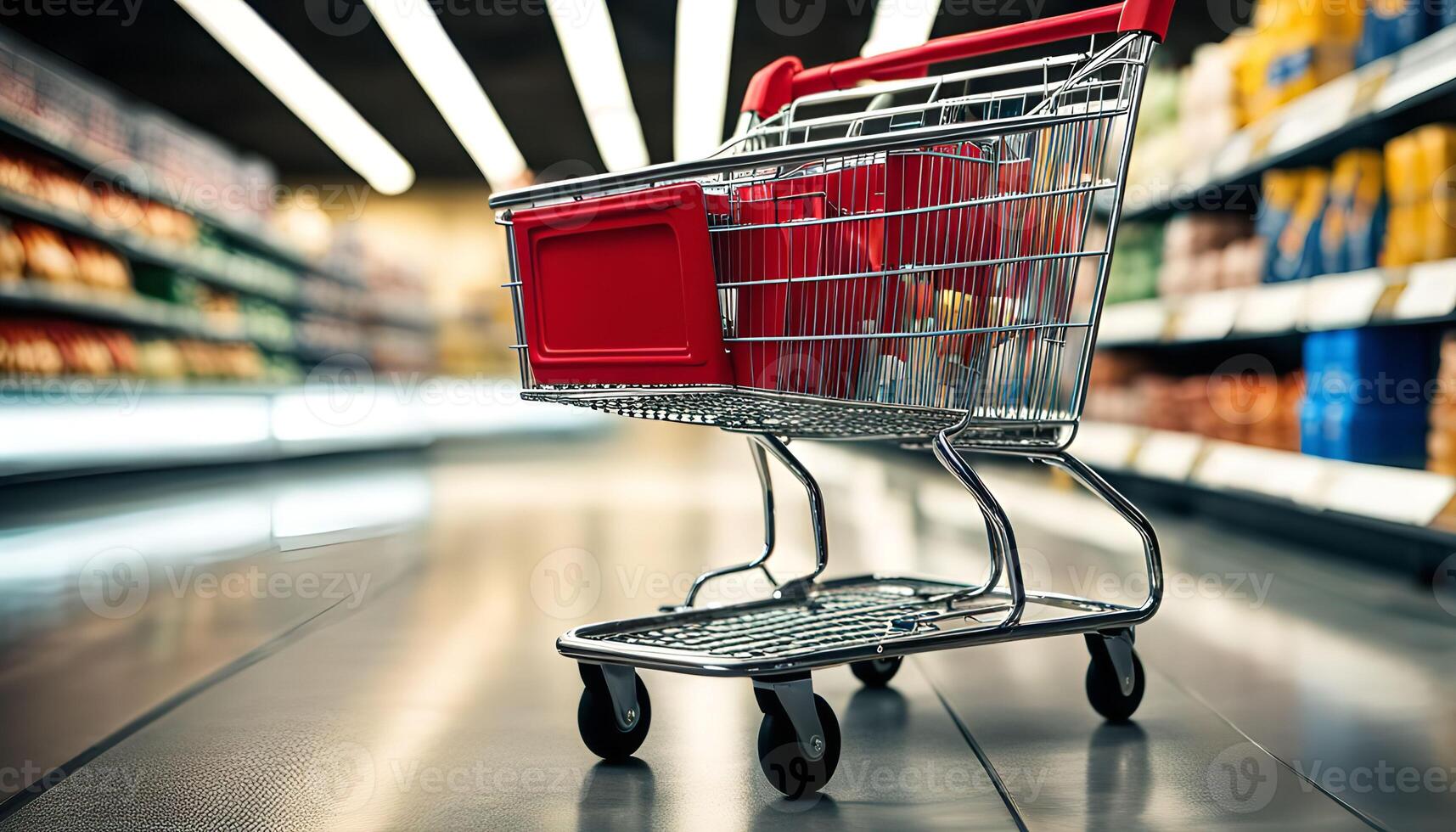 Shopping Cart in Supermarket Aisle photo
