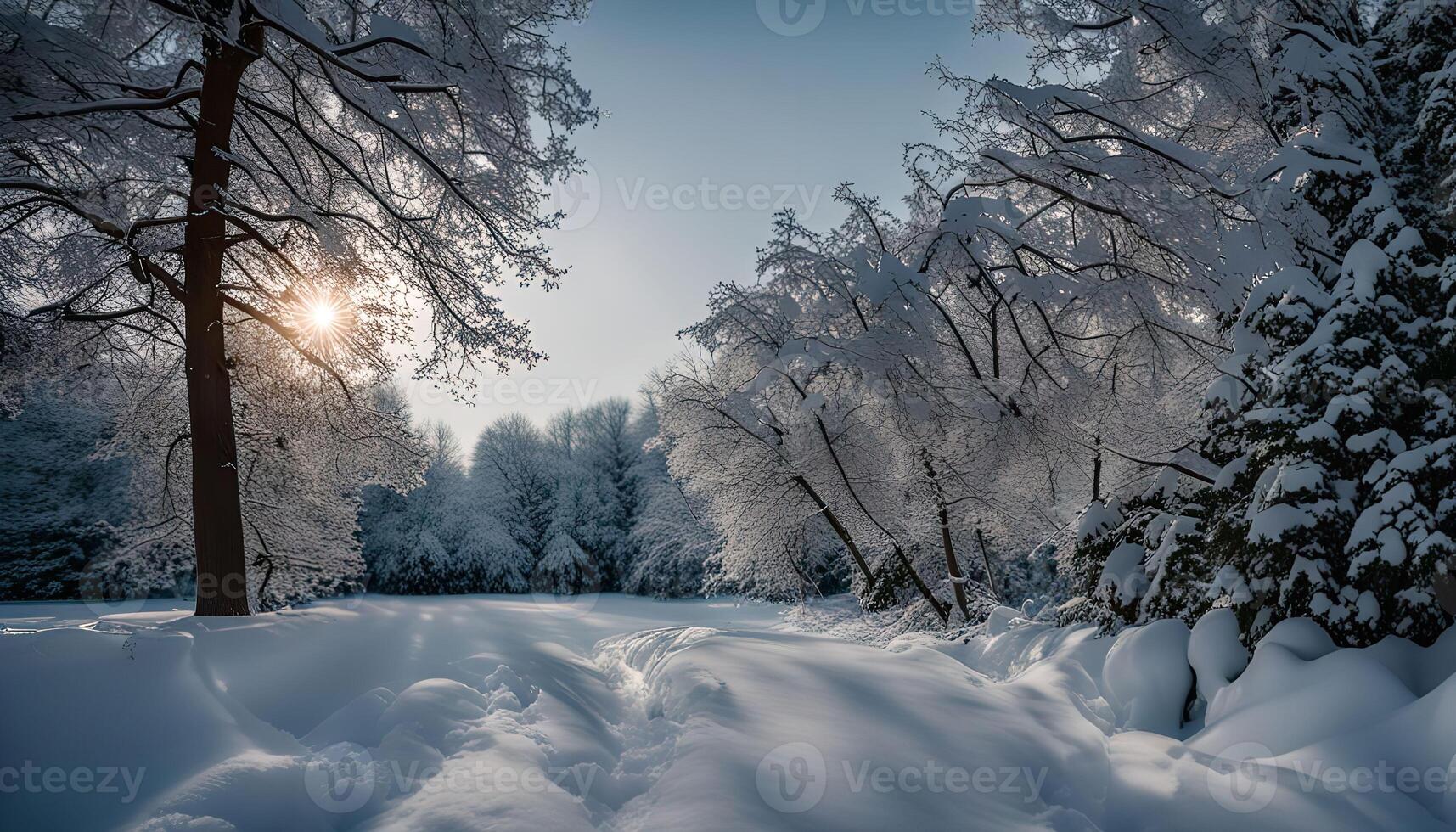 Snowy Forest with Sun Shining Through Trees photo