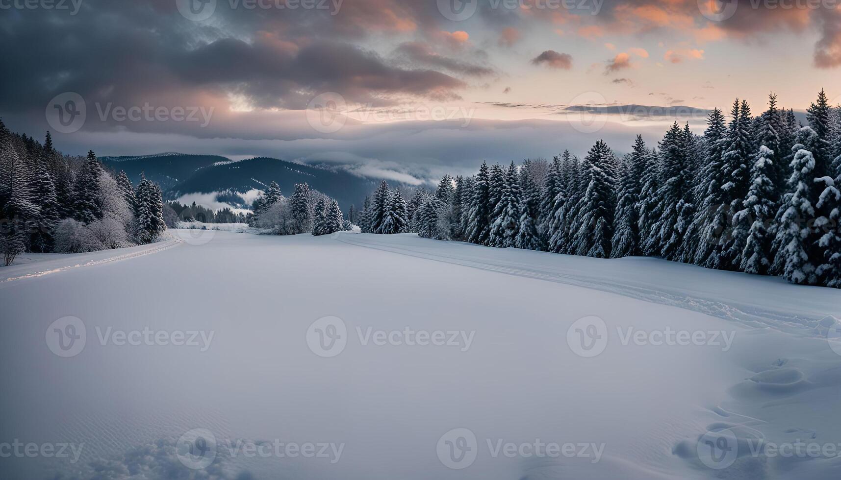 Winter Wonderland Snowy Mountainside at Dusk photo