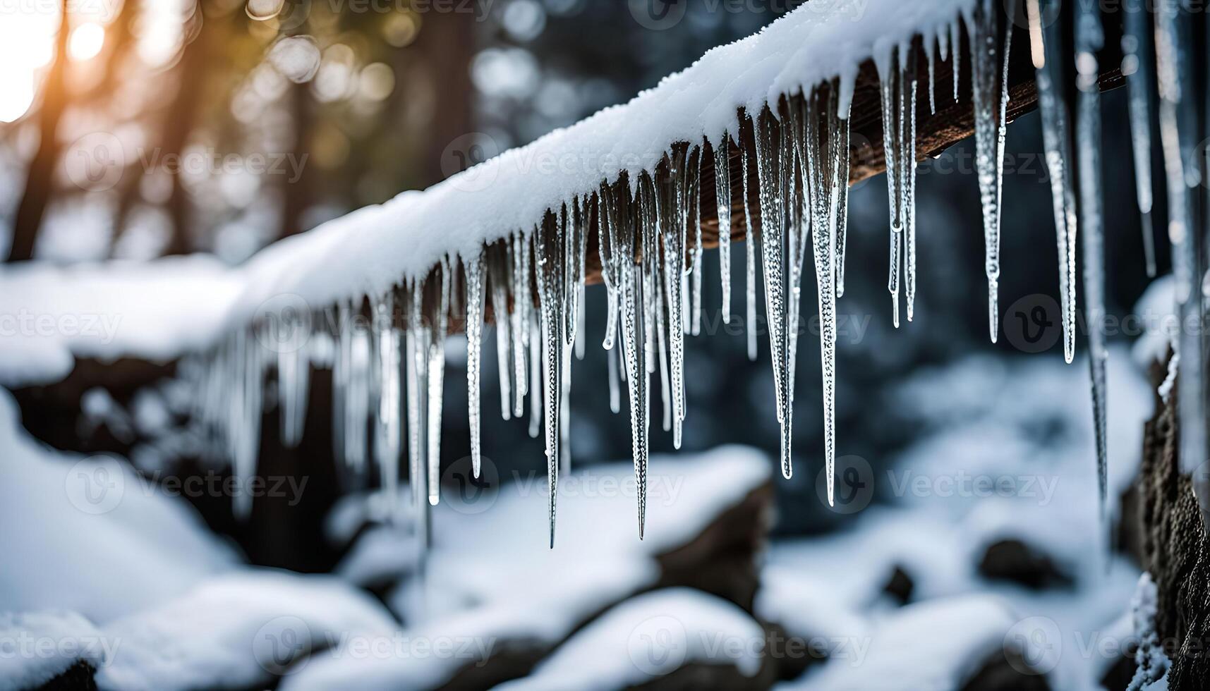Icicles Hanging from a Branch in a Snowy Forest photo