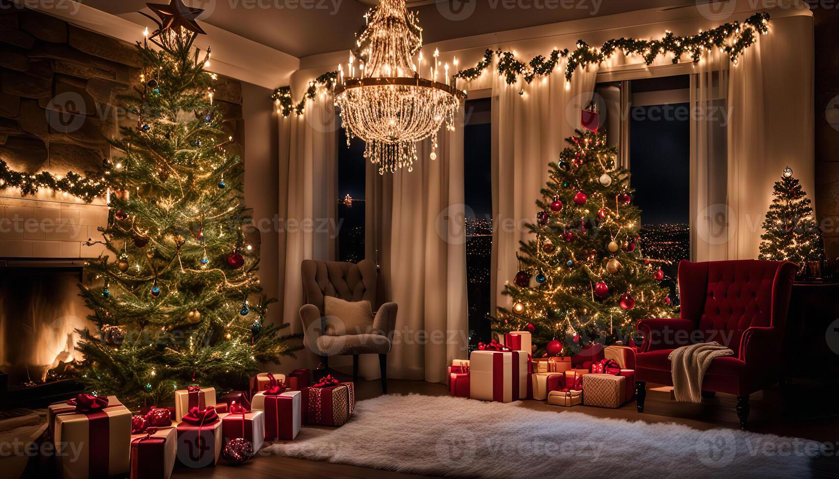Christmas tree decorated with ornaments and lights in a cozy living room photo