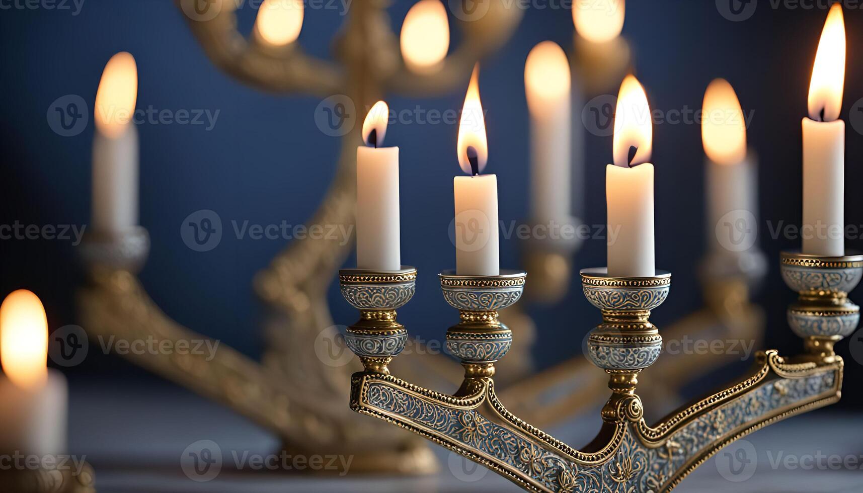 Golden Menorah with Lit Candles photo