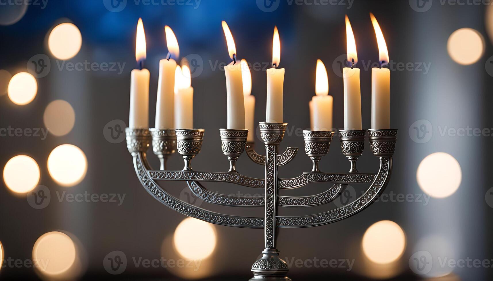 Menorah with lit candles, a symbol of Hanukkah photo