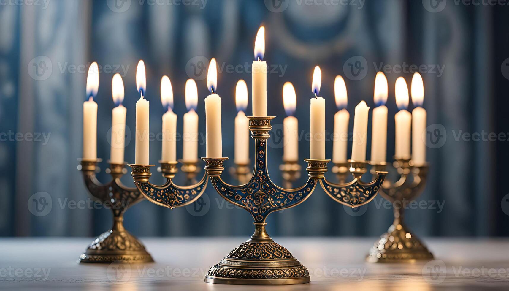 Ornate Menorah with Burning Candles photo