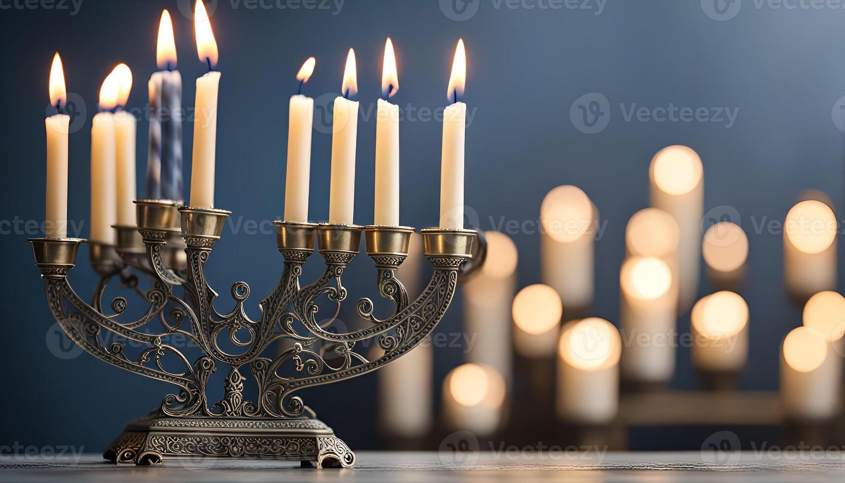 A Menorah with candles lit for Hanukkah. photo
