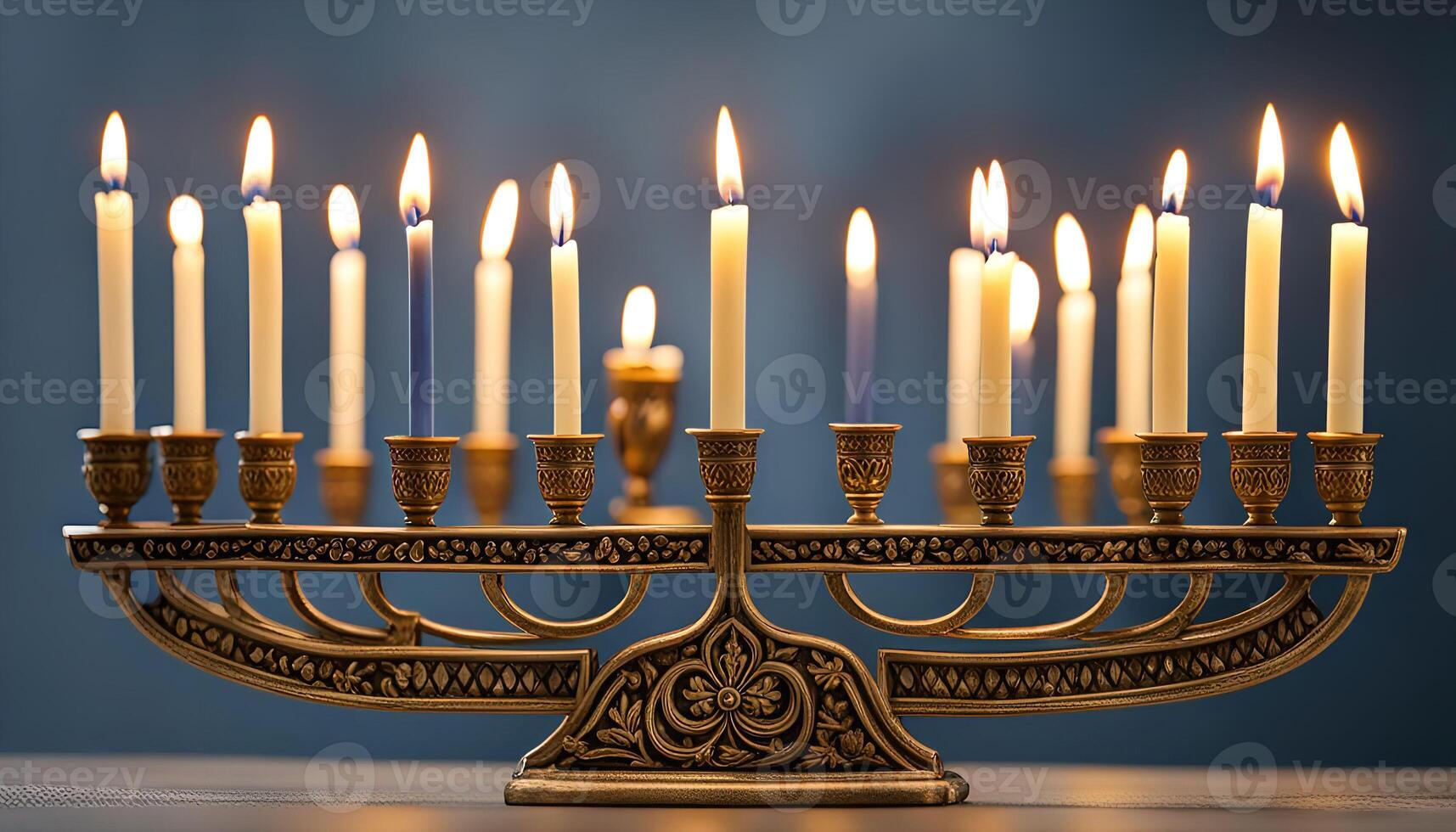 Menorah with Lit Candles for Hanukkah photo