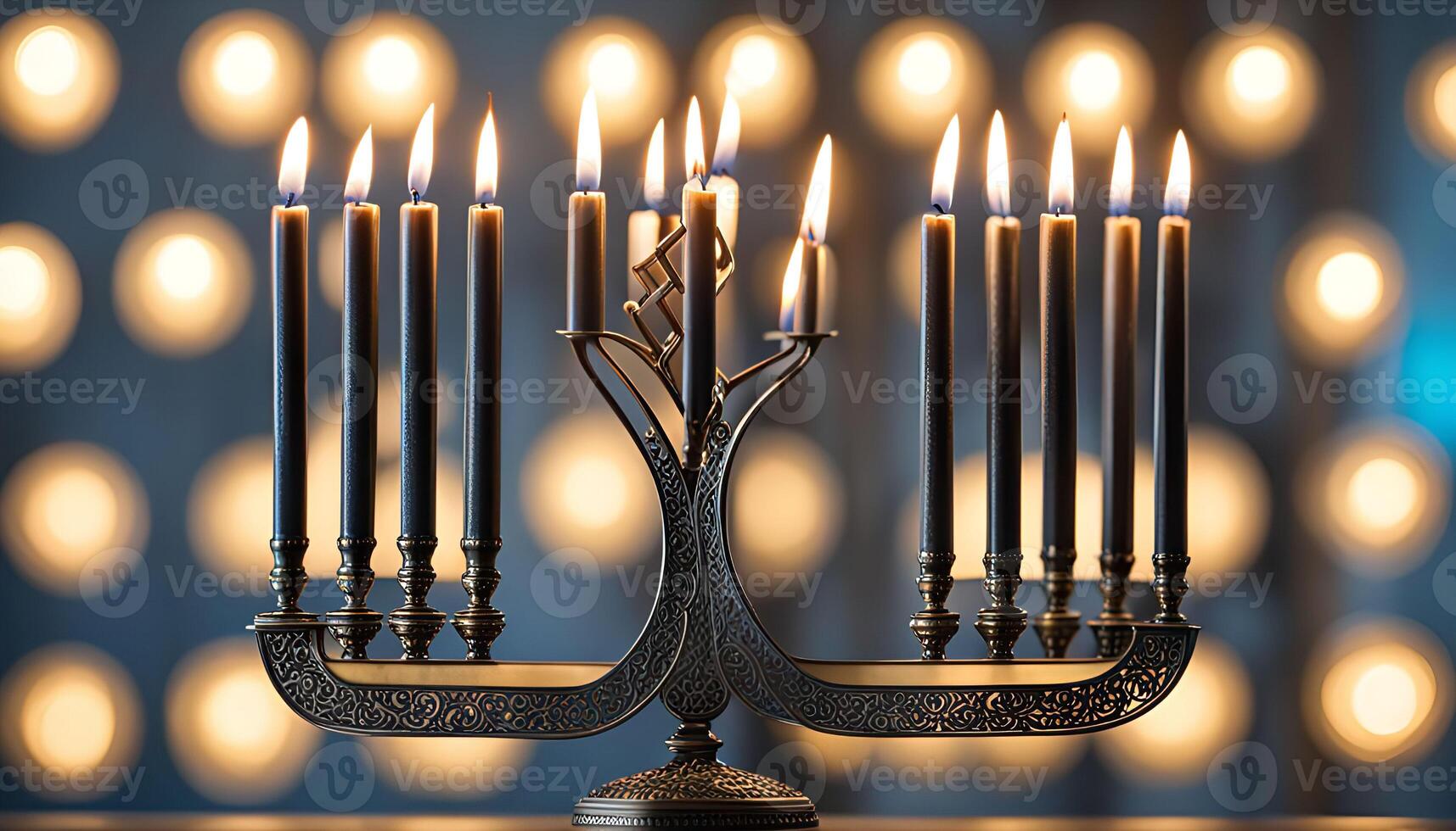 Menorah with Lit Candles During Hanukkah photo