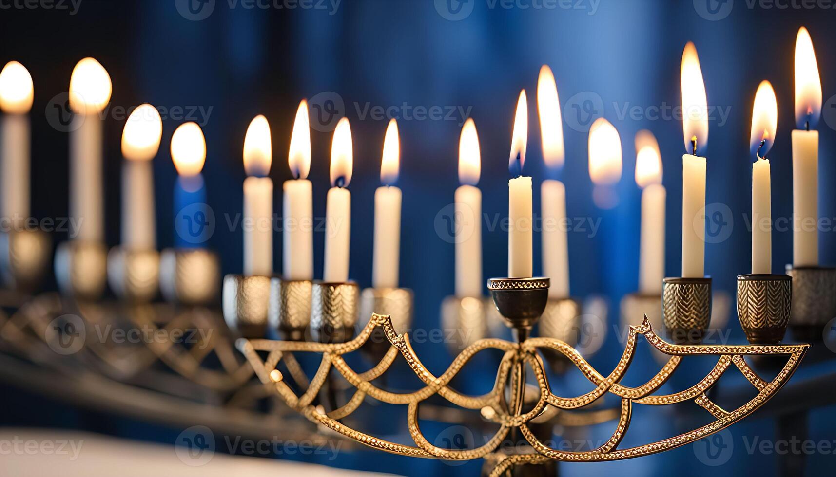 Lit Menorah with a Blue Background photo