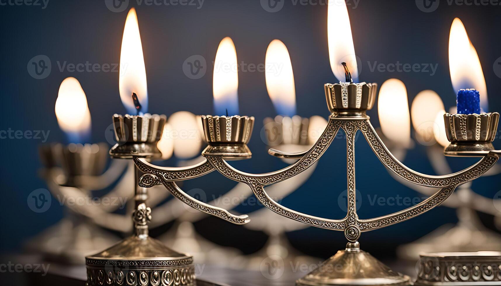 Silver Menorah with Burning Candles photo