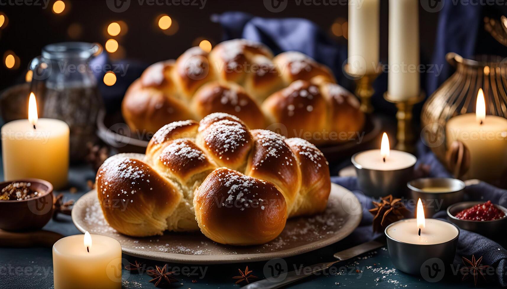 Sweet Challah Bread with Candles photo