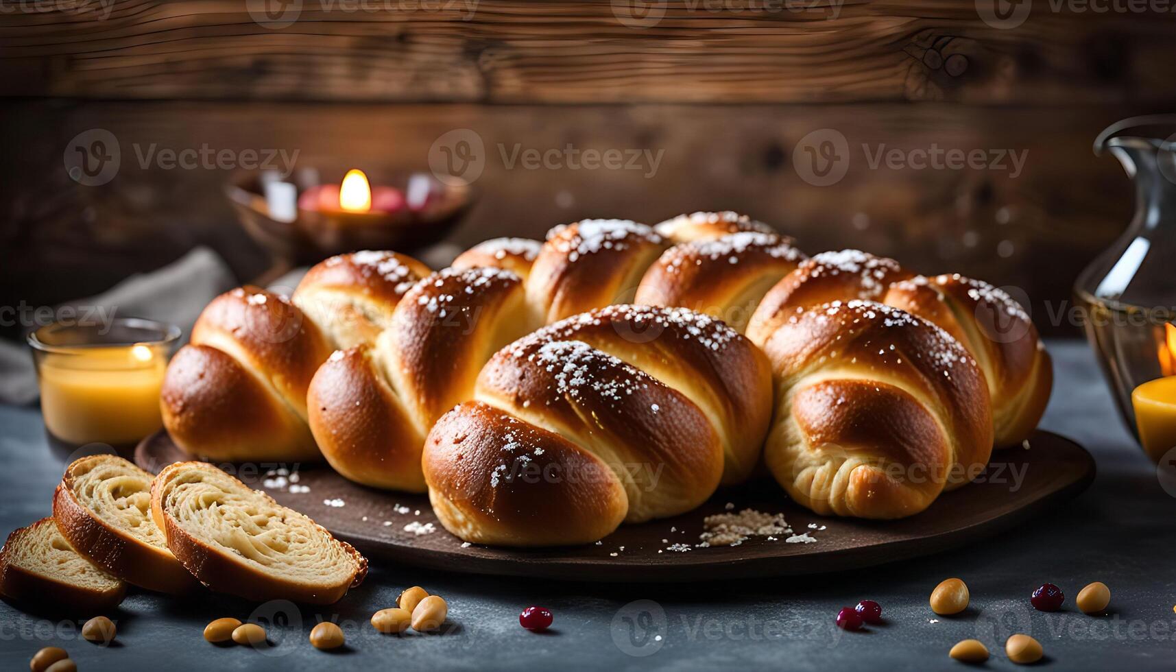 Freshly Baked Bread Rolls on Wooden Board photo