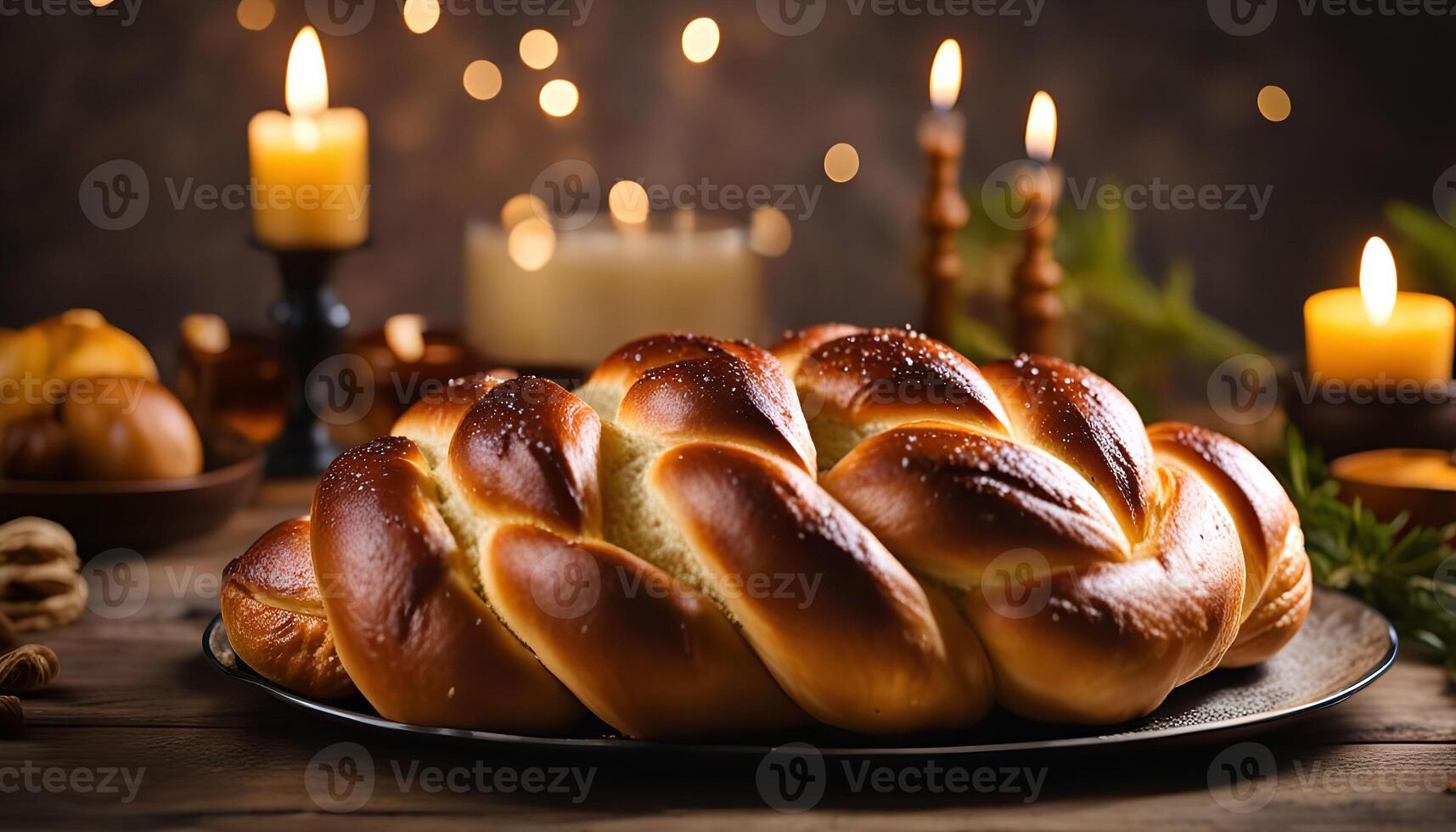 Braided Challah Bread on a Table with Candles photo