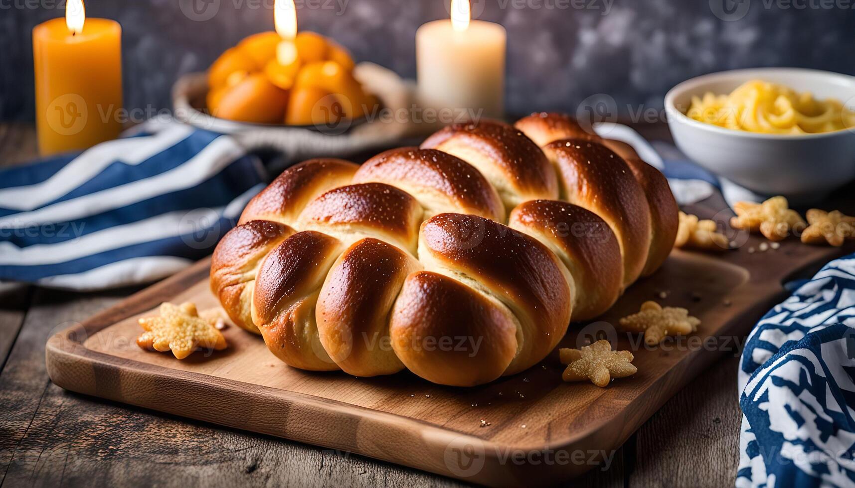 Braided Challah Bread on a Wooden Board photo