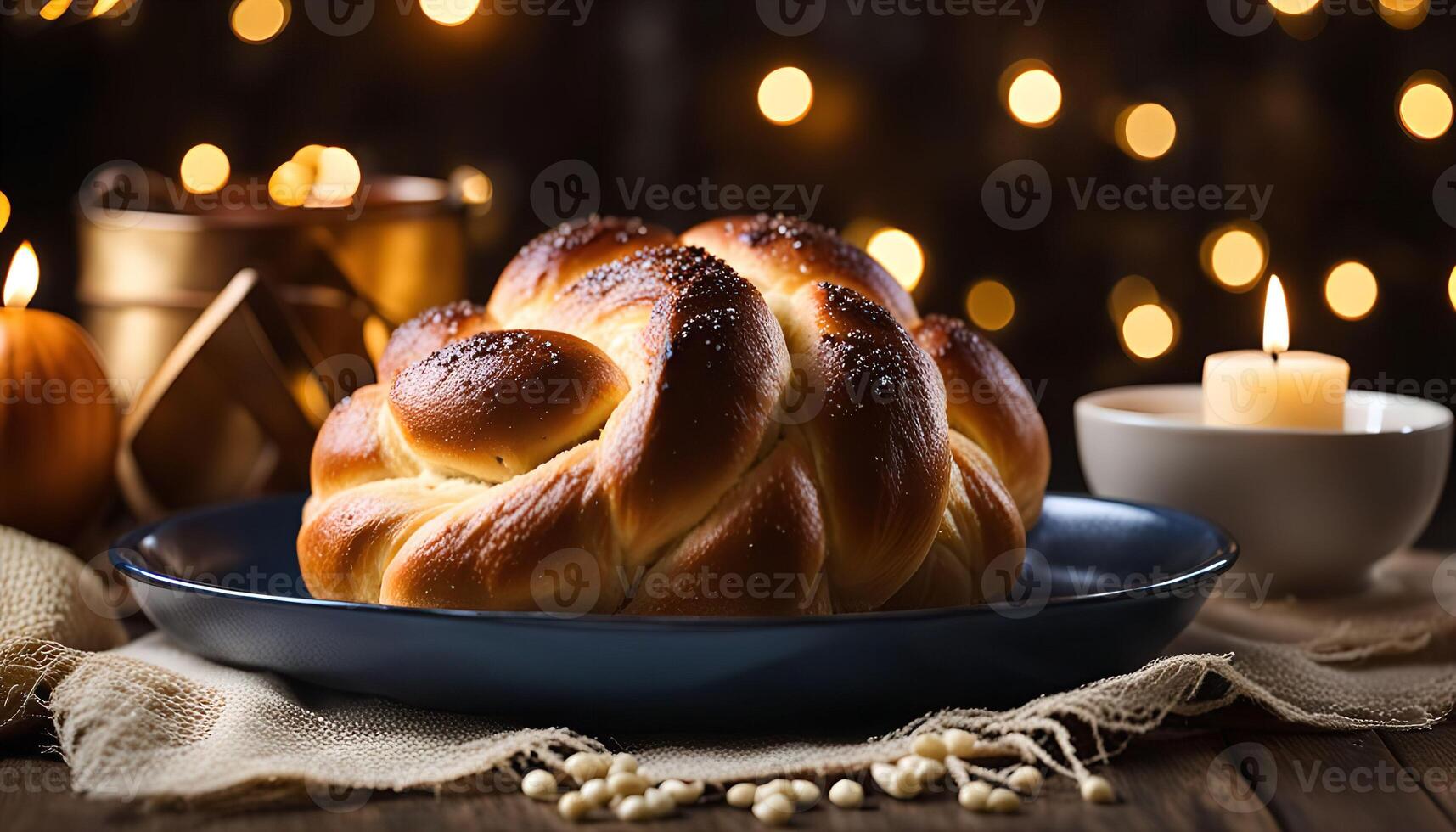 Challah Bread with Candle and Bokeh Lights photo
