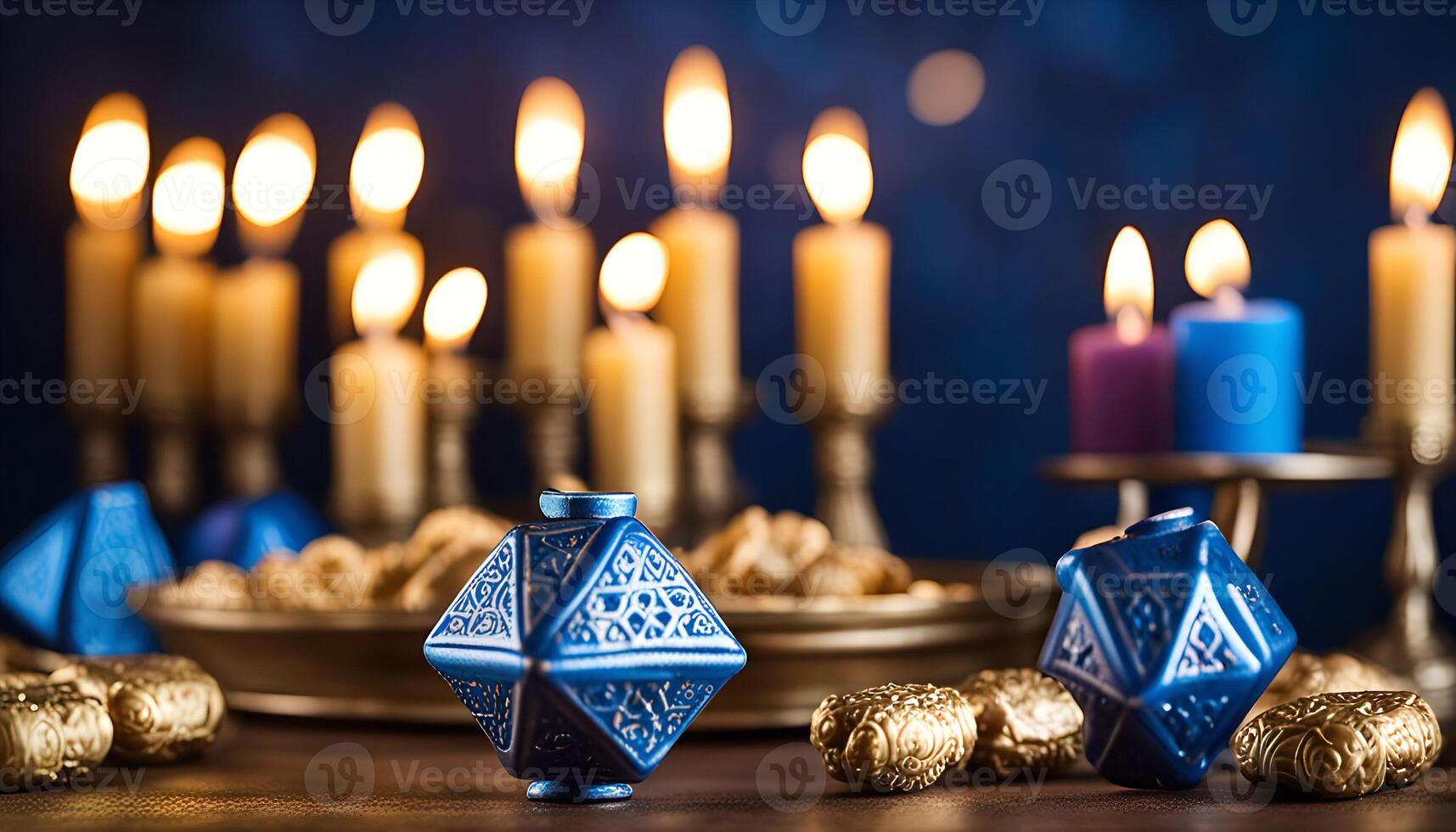 Blue Dreidels and Candles in the Background - Hanukkah photo