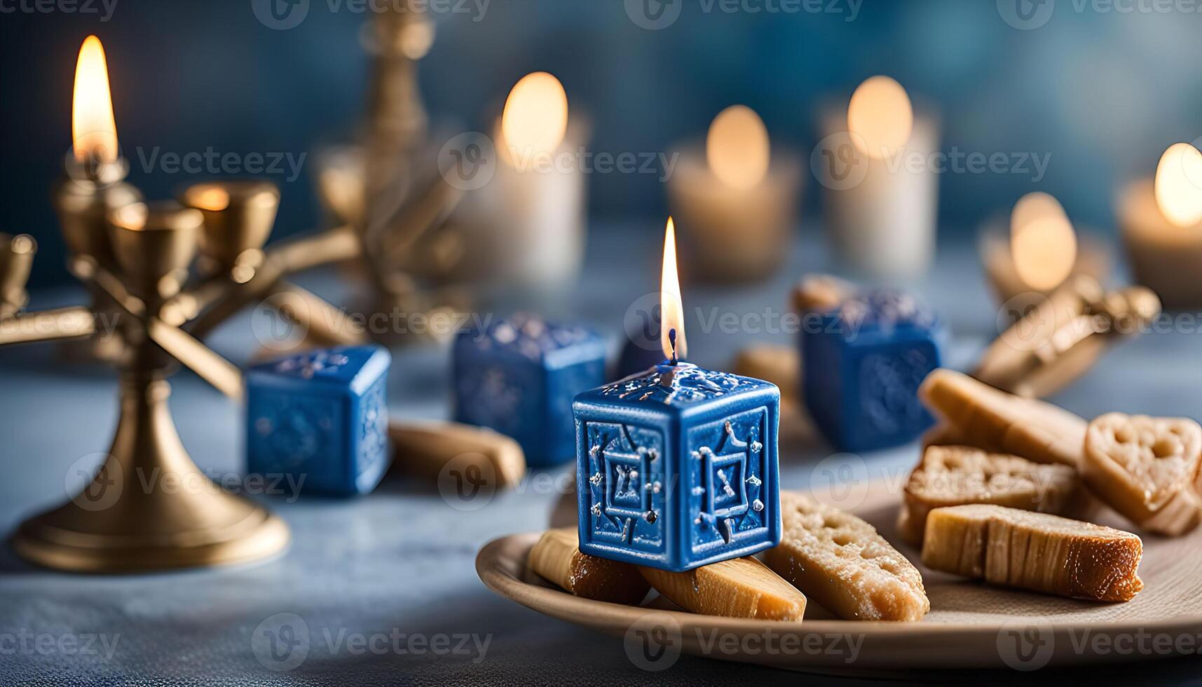 Blue Candles and Sufganiyot for Hanukkah photo