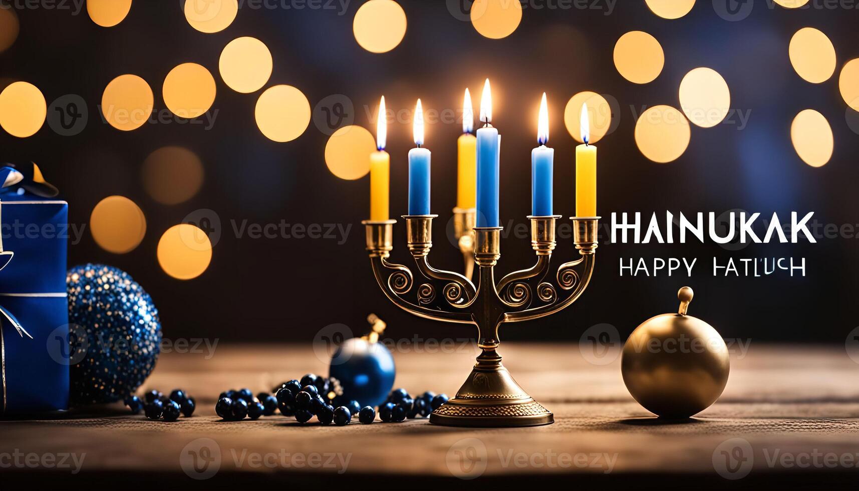 Happy Hanukkah with Lit Candles on a Menorah photo