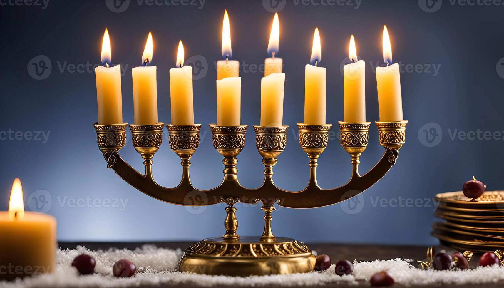 Golden Menorah with Burning Candles for Hanukkah photo