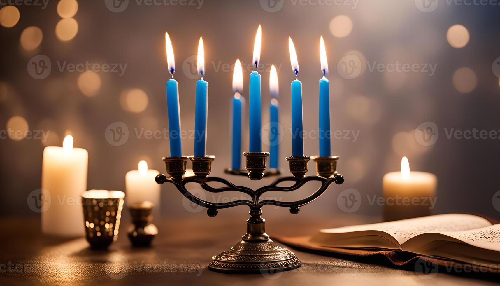 Menorah with Blue Candles and Book for Hanukkah photo