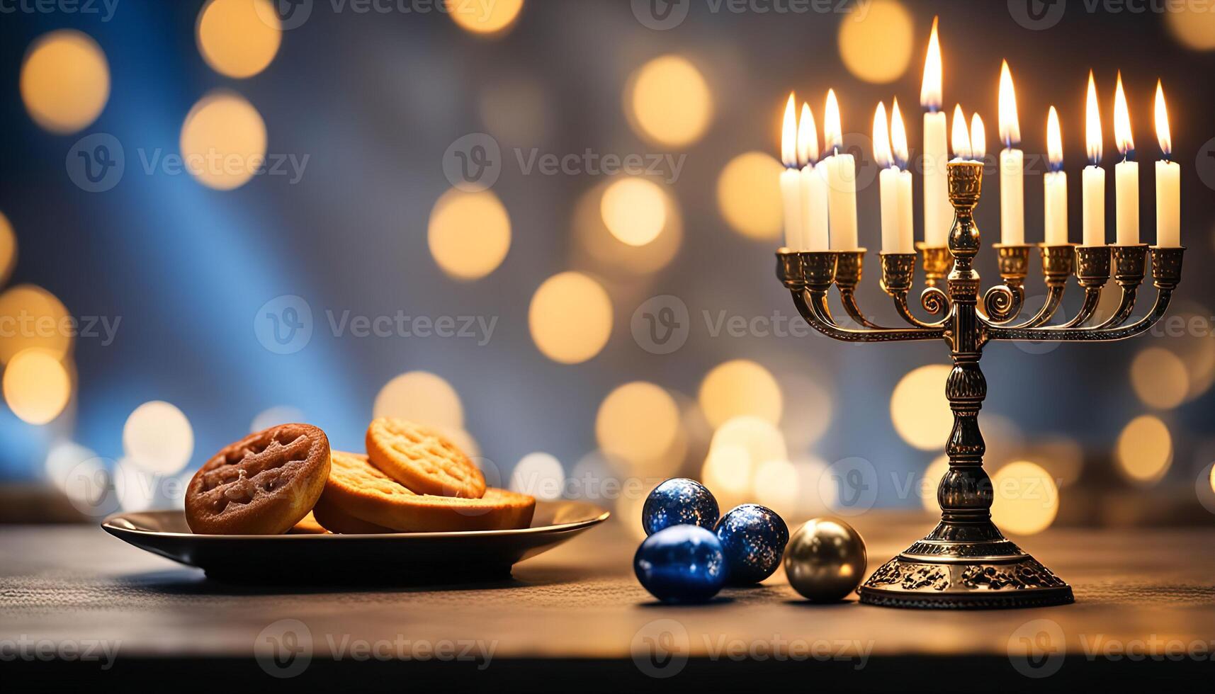 Celebration of Hanukkah with Traditional Treats and Candles photo