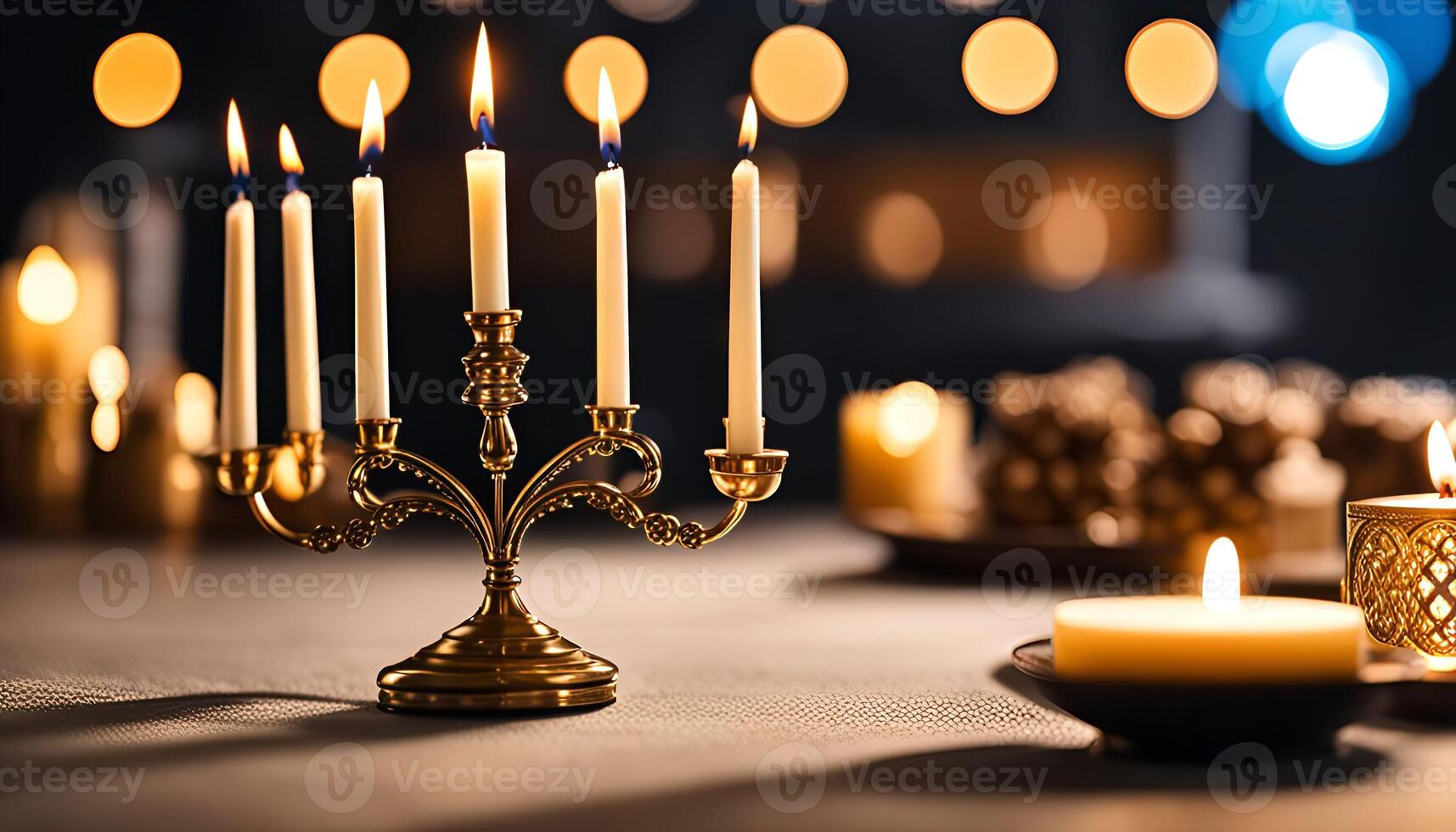 Candles lit on a table photo