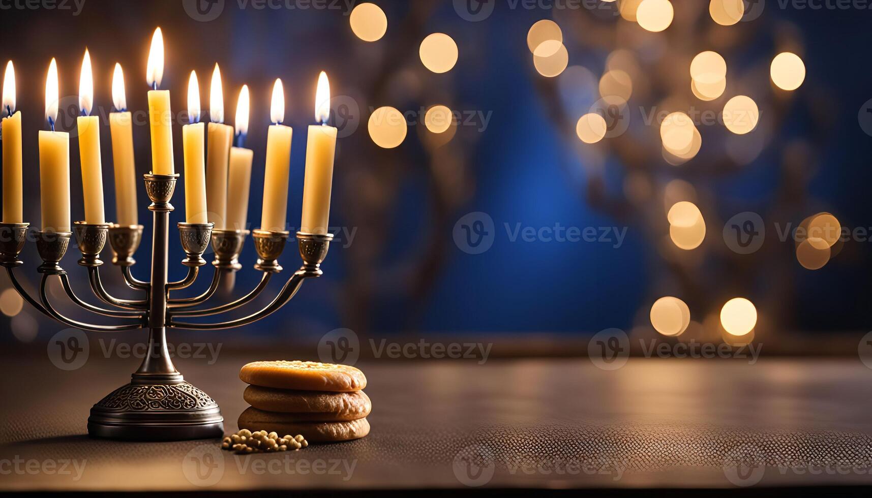 Menorah with Candles and Sufganiyot for Hanukkah photo
