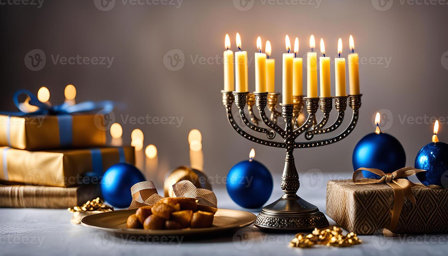 Celebrating Hanukkah with Traditional Decorations and Candles photo