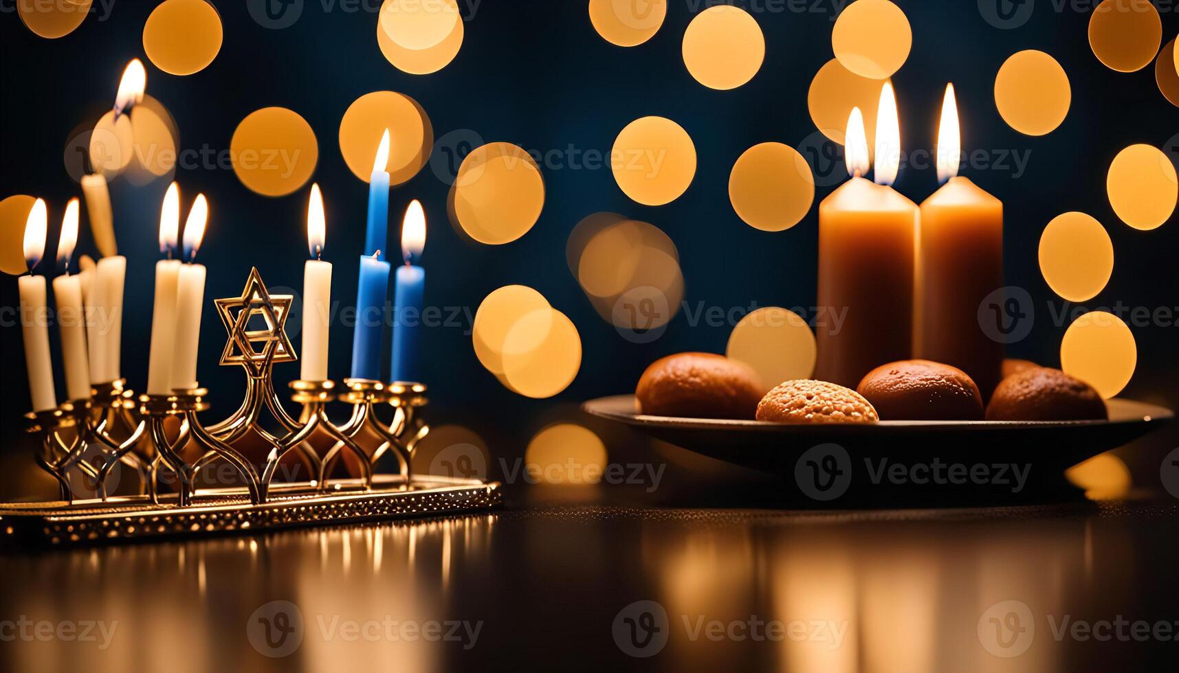 Menorah with candles and cookies for Hanukkah celebration photo