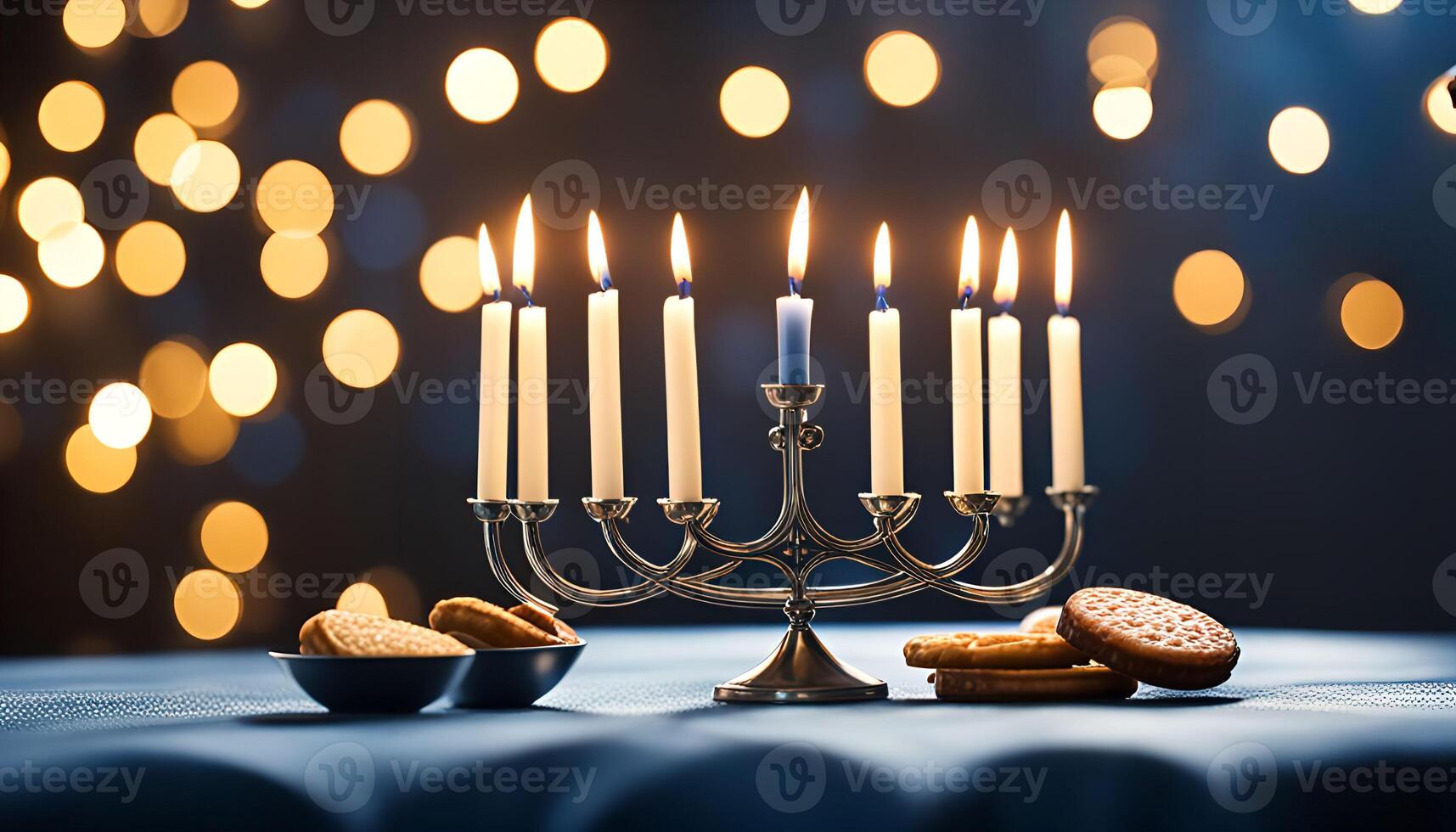 Menorah with Candles and Cookies photo