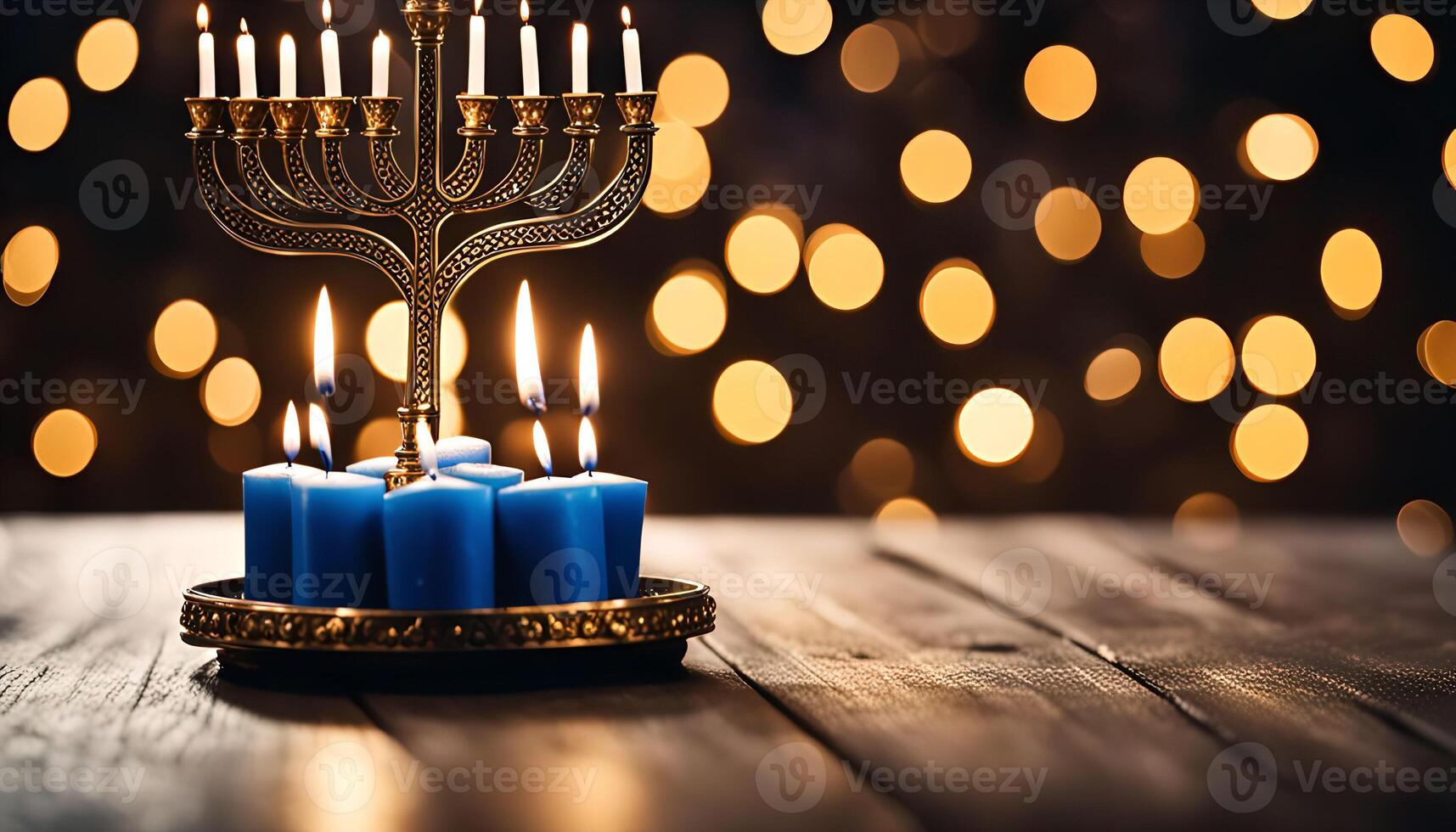 Menorah and Candles on a Wooden Table photo
