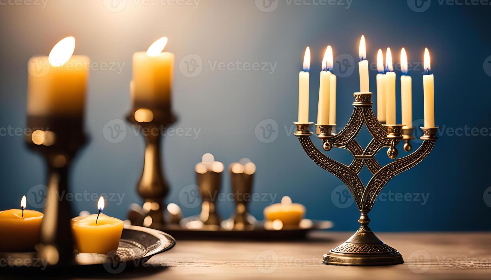 Menorah with Lit Candles for Hanukkah photo