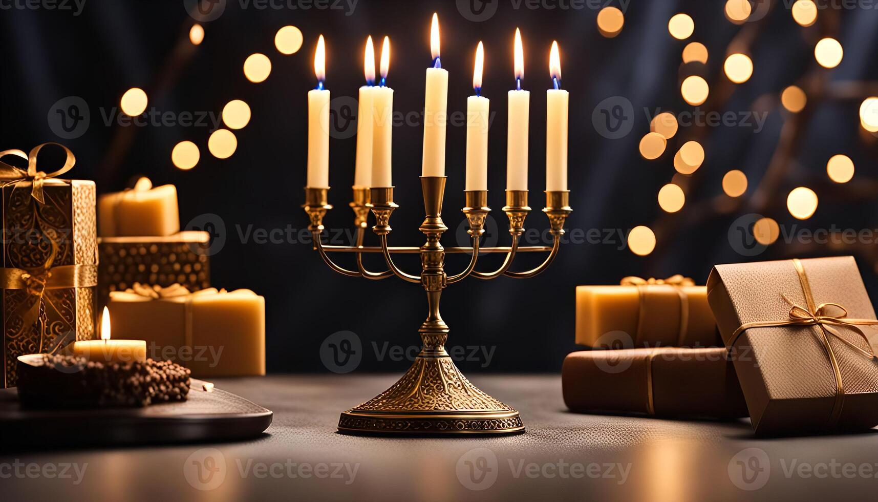 Golden Menorah with Candles and Gifts photo
