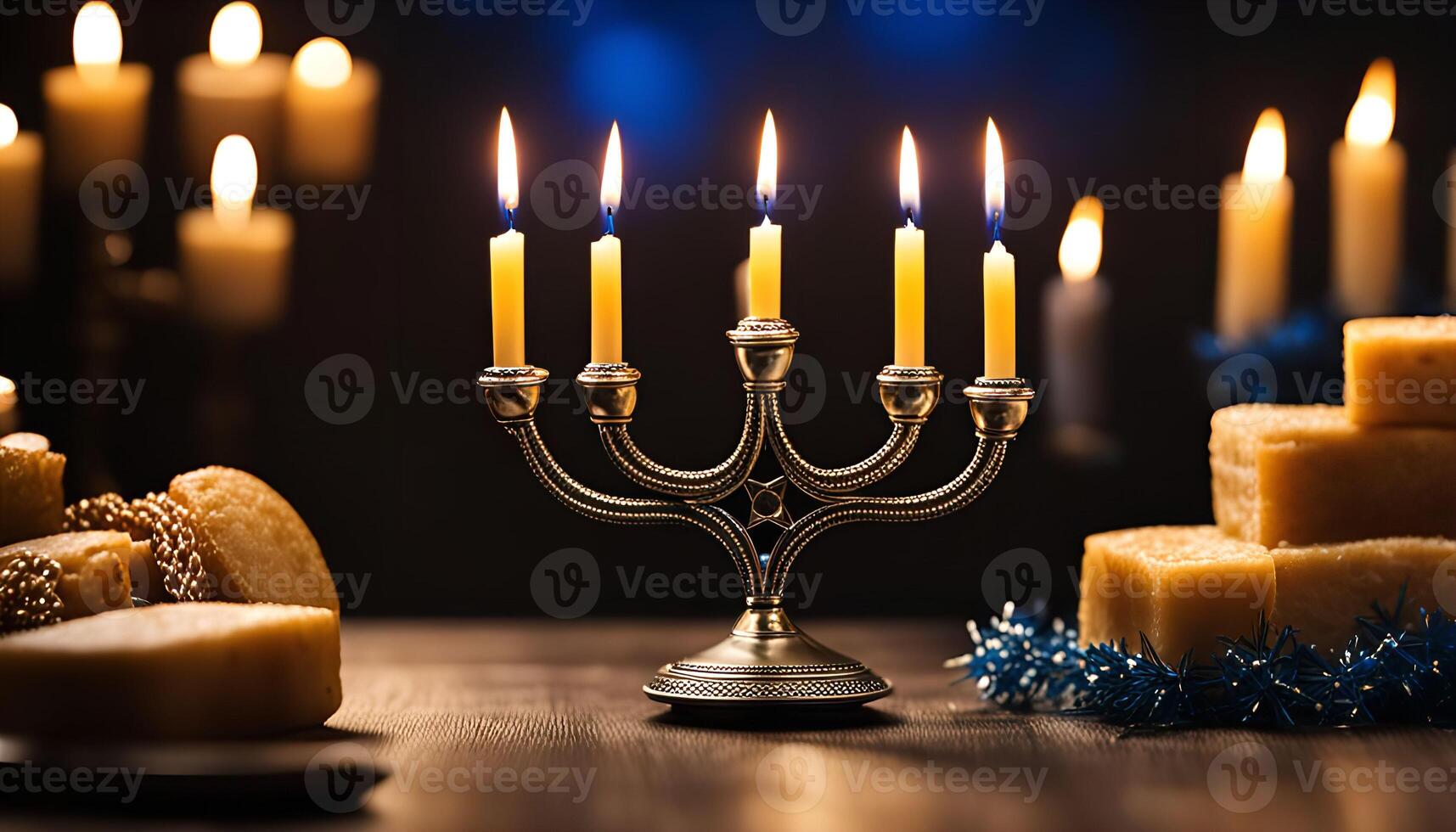 Traditional Hanukkah Celebration with Menorah and Sufganiyot photo