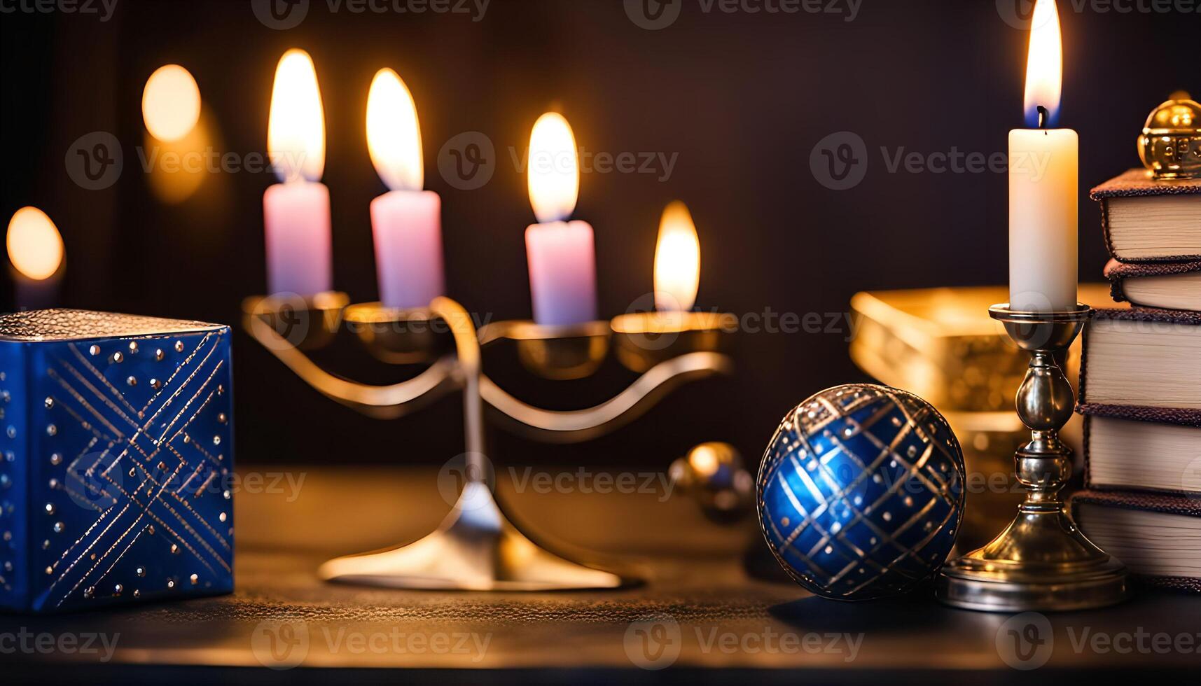 Candles and blue sphere on a table photo